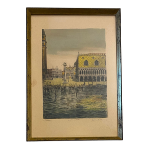Impressive Colored Etching Venice Italy Doges Palace Manner of Canaletto, Signed