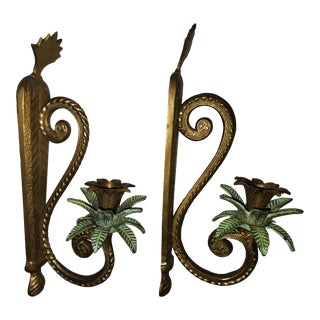 Late 20th Century Florida Hollywood Brass Palm Wall Candle Sconces Pair For Sale