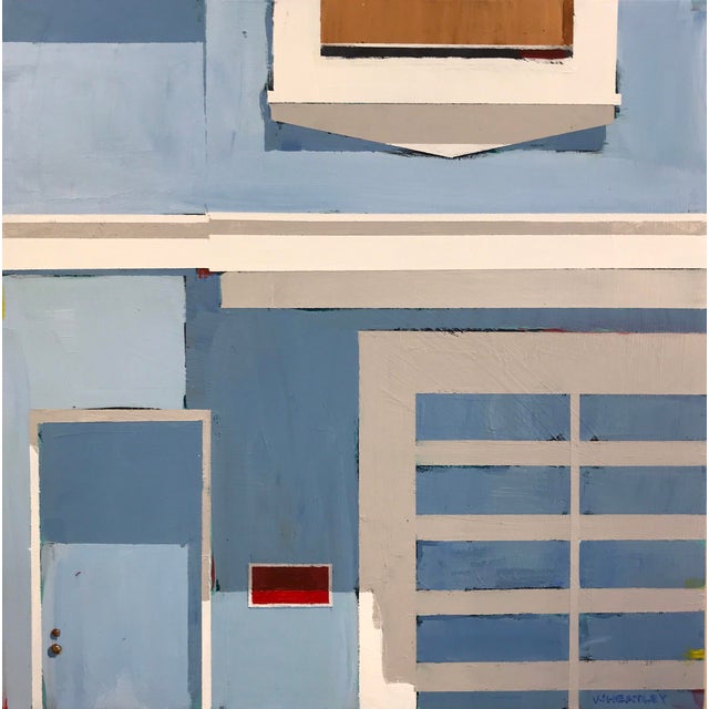 This artwork presents a simplified architectural composition, featuring a blue facade with geometric shapes and subtle...