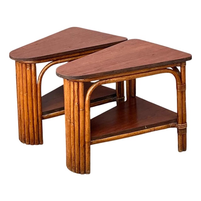 Vintage Rattan Pie Slice Side Tables After Frankl For Sale