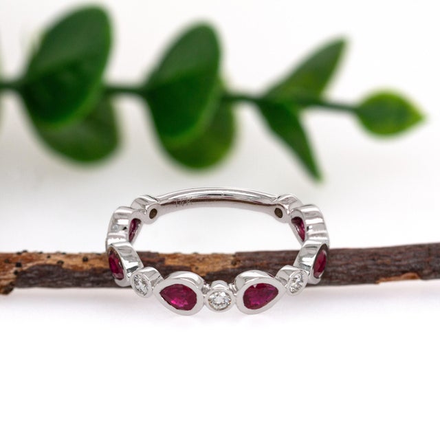 Contemporary Ruby Band With Natural Diamond Accents in Solid 14k Gold | Six Pear Shape Ruby, Size 6.75 For Sale - Image 3 of 6
