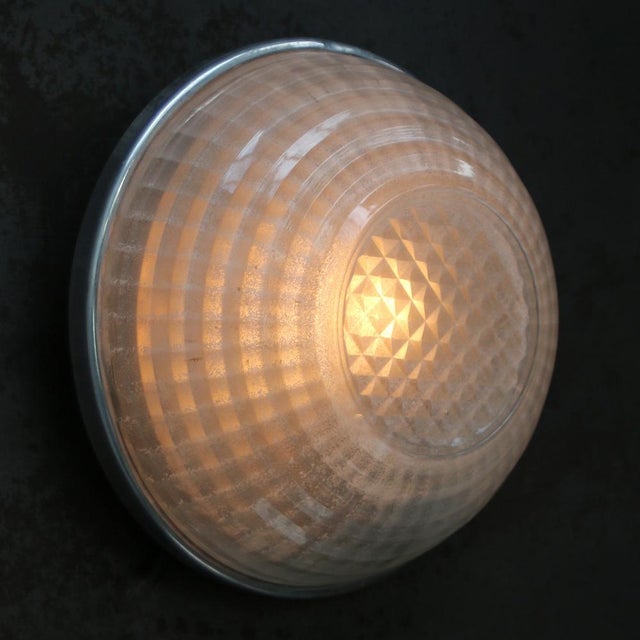 Metal Vintage Aluminium and Clear Cut Glass Flush Mount from Holophane, France, 1950s For Sale - Image 7 of 9