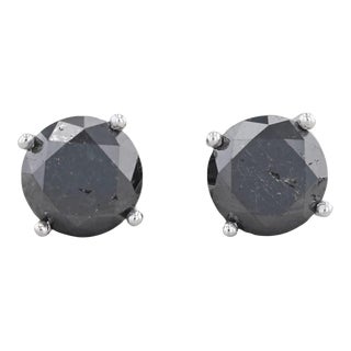 New 3.47ctw Black Diamond Stud Earrings 14k White Gold Round Solitaires - 2 Pieces For Sale