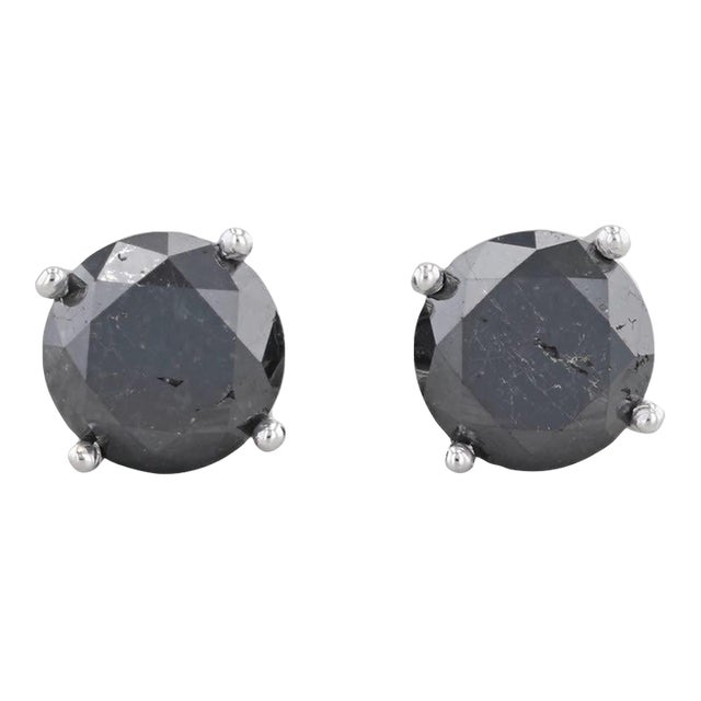 New 3.47ctw Black Diamond Stud Earrings 14k White Gold Round Solitaires - 2 Pieces For Sale