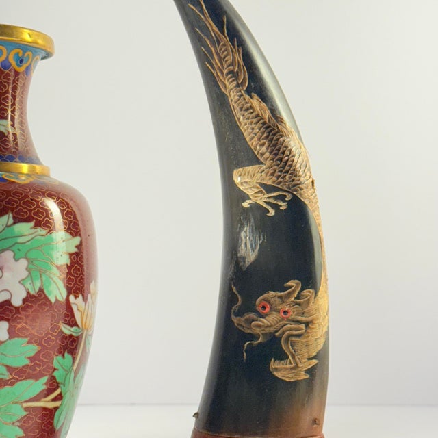 Vintage Chinese Cloisonné Vase & Dragon Horn Sculptures Set – 3 Pieces For Sale - Image 4 of 7