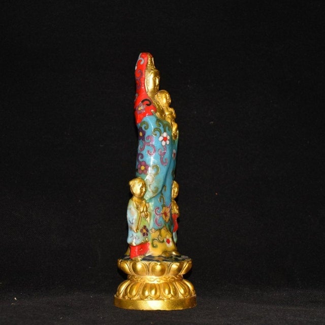 Late 20th Century Late 20th Century Cloisonne Gilt Guanyin Sculpture With Children on Lotus Base For Sale - Image 5 of 9