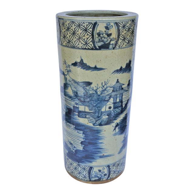 Chinoiserie Blue Canton Umbrella Stand For Sale
