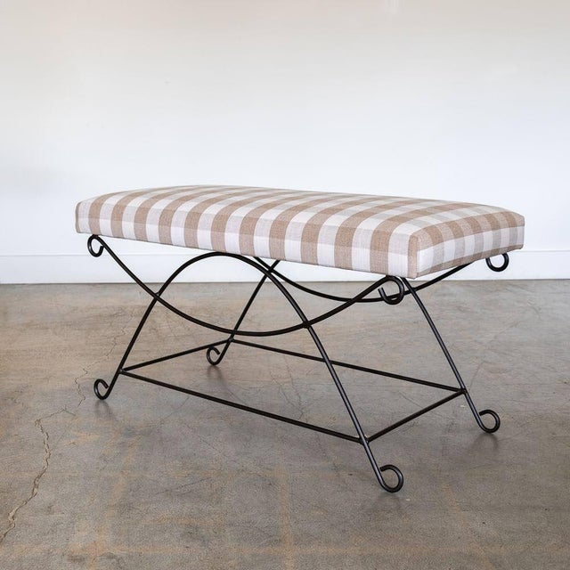 French Panoplie Iron Loop Bench, Tan Gingham For Sale - Image 3 of 10