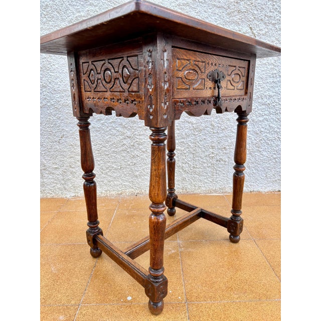 Antique Castilian Oak Side Table With One Carved Drawer, 1920s For Sale - Image 9 of 15