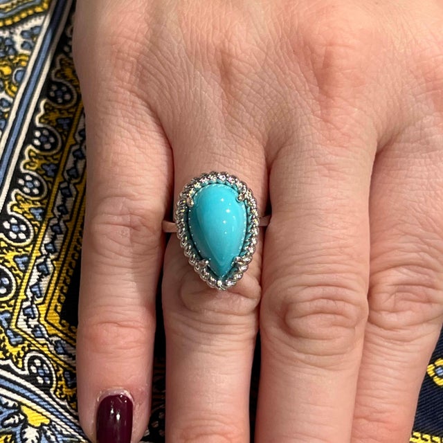 Natural Persian Turquoise Ring Size 6 14k White Gold 6.21 TCW Certified For Sale - Image 10 of 13