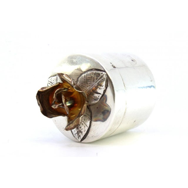 Metal Cylindrical Silver Gift Box with Flower Lid For Sale - Image 7 of 8