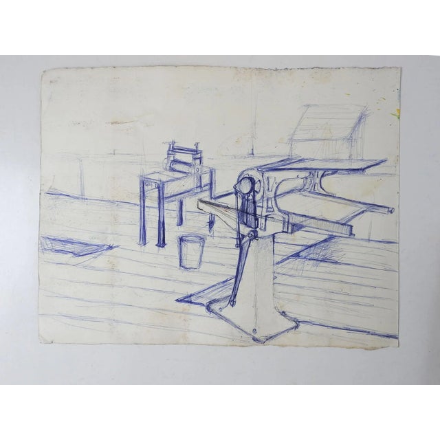 Abstract industrial ink drawings on paper. One is an abstract in black ink and wash, on the verson is a blue ink printing...