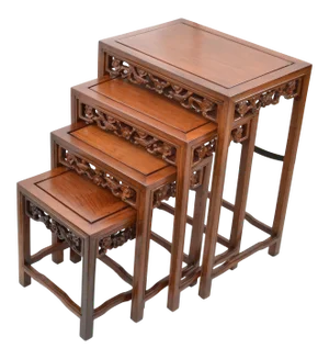 Chinoiserie Hand Carved Asian Wood Nesting Tables / Stacking Tables Set of 4