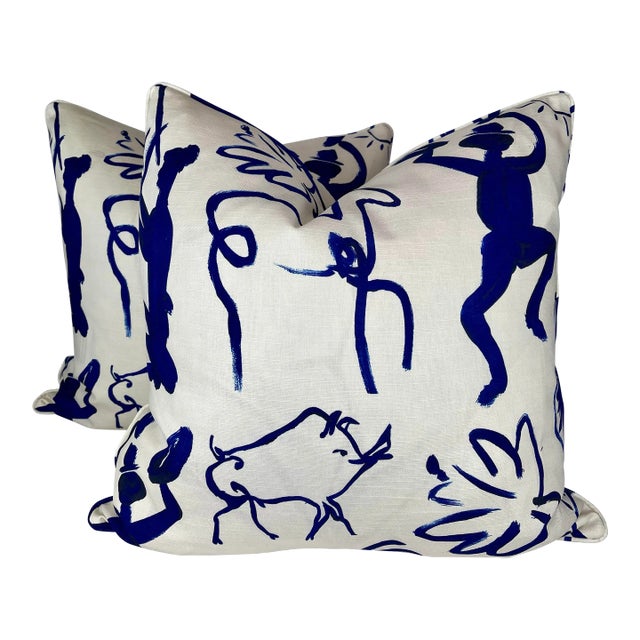 Kelly O'Neil "Pablo" in Indigo on Bone 22" Pillows-A Pair For Sale