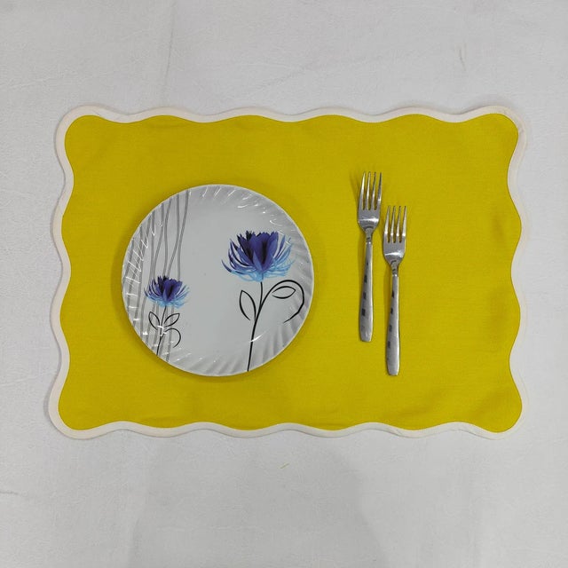 Modern Handmade Scalloped Placemats, Yellow with White Piping - Set of 4 For Sale - Image 3 of 4