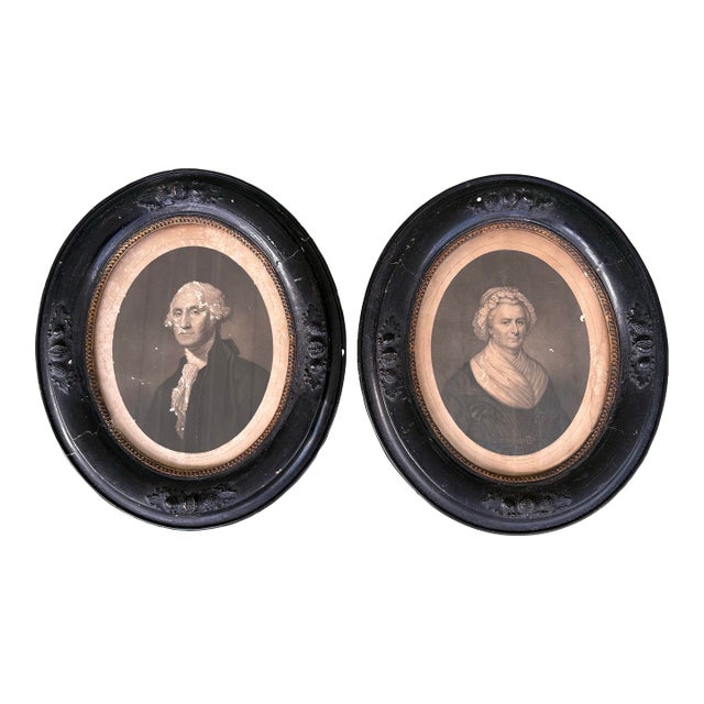 Antique Oval Portrait Prints of George Washington & Martha Washington — Pair, Early 19th Century, Black Ebonized Frames For Sale
