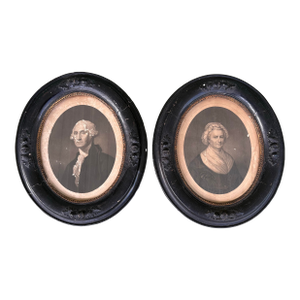 Antique Oval Portrait Prints of George Washington & Martha Washington — Pair, Early 19th Century, Black Ebonized Frames