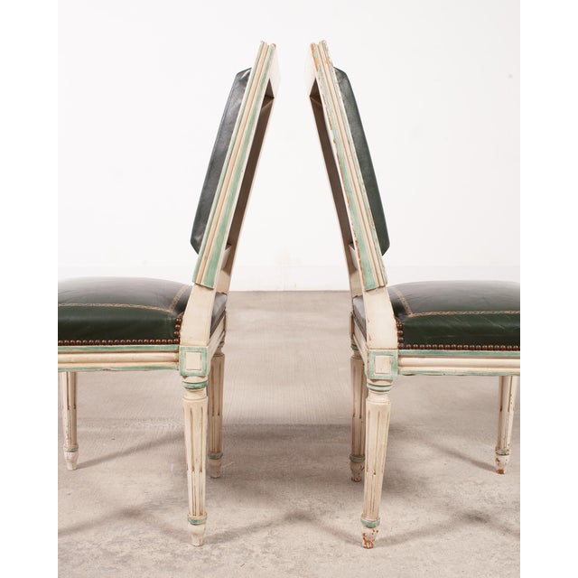 Set of Six Louis XVI Style Painted Dining Chairs Green Leather For Sale - Image 12 of 18