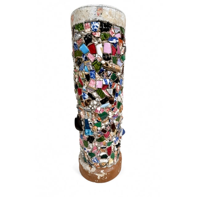 Sourced while at an England market, vintage mosaic umbrella / cane stand covered in ceramic shards, pottery fragments, and...
