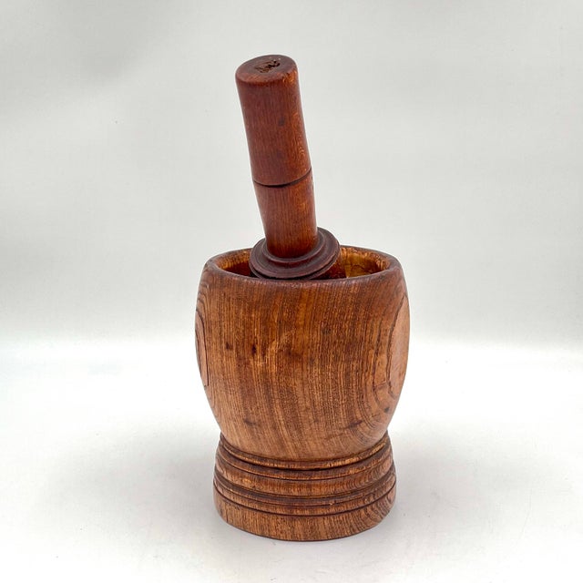 Brown Antique French Turned Wood Primitive Industrial Apothecary Mortar and Pestle or Planter For Sale - Image 8 of 11