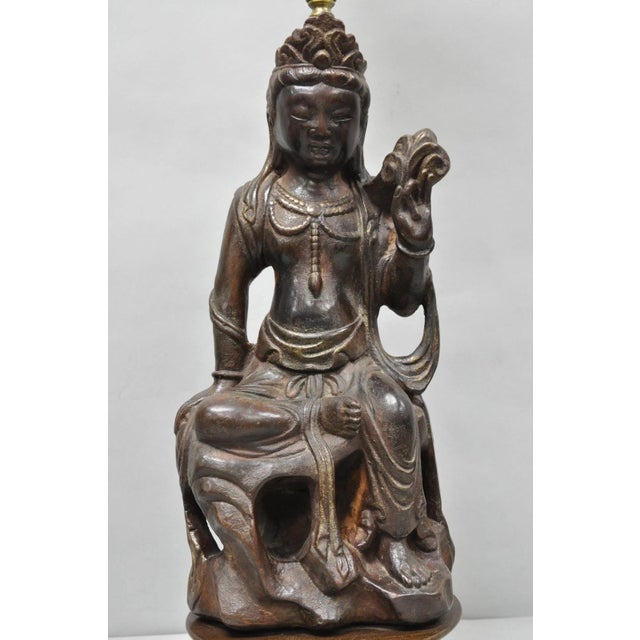 Brown Vintage Buddhist Kuan Yin Brown Ceramic Sculpture Figure Table Lamp W/ Shade For Sale - Image 8 of 18
