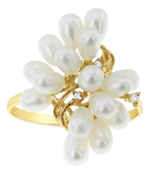 Freshwater Pearl Cluster Cocktail Ring 14k Yellow Gold, Size 5