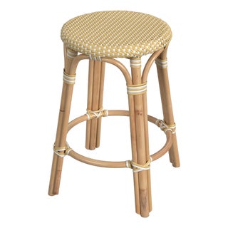 Tobias 24 in. Seat Height Round Rattan Backless Counter Stool, Yellow/White Dot/ Natural Rattan Frame For Sale