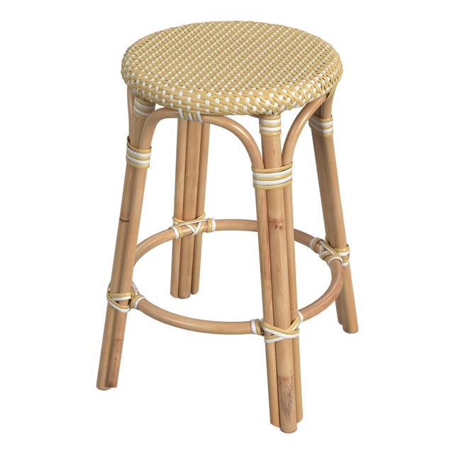 Tobias 24 in. Seat Height Round Rattan Backless Counter Stool, Yellow/White Dot/ Natural Rattan Frame For Sale