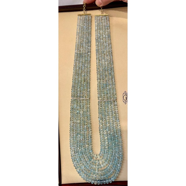 Aqua 1100 Ct 6 Layer Natural Aquamarine Bead Necklace 14 Kt Gold and Diamond Necklace For Sale - Image 8 of 18