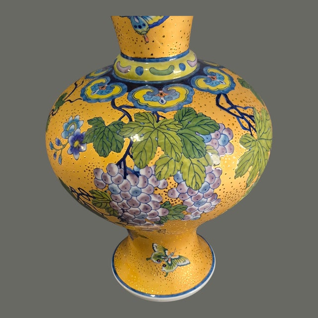 Chinoiserie Vintage Chinoiserie Temple Tall Vase Heavily Gilded Floral Grapes Butterflies For Sale - Image 3 of 10