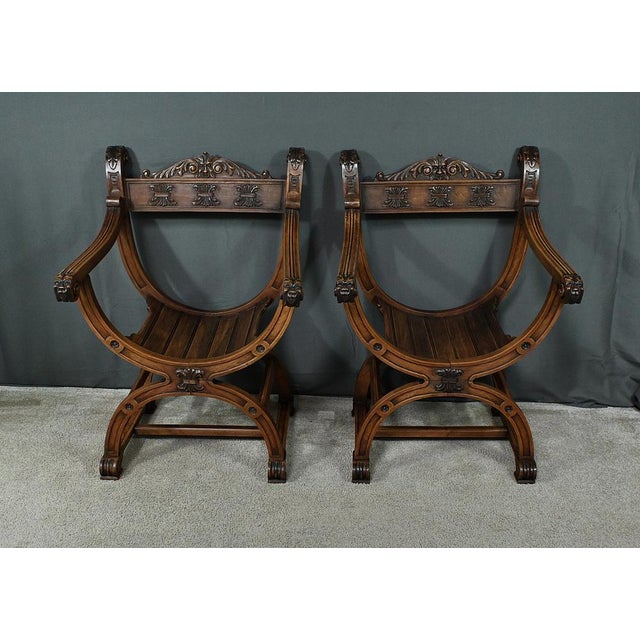 Medieval Style Walnut Dagobert Armchairs, Late 19th Century, Set of 2 For Sale - Image 3 of 18