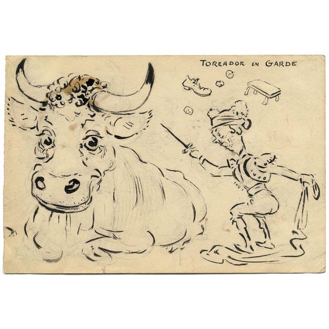 An original 1910s pen & ink drawing, G. Cervelli, Toréador en Garde Satirical French Cartoon.A fabulous comic drawing by...