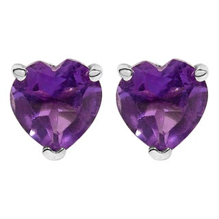 14K White Gold 5MM Heart Cut Purple Amethyst Solitaire Stud Earrings For Sale