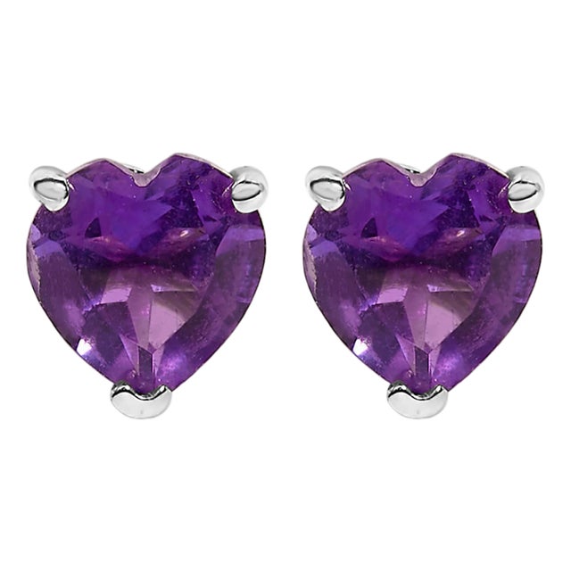 14K White Gold 5MM Heart Cut Purple Amethyst Solitaire Stud Earrings For Sale