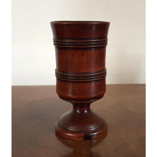 Antique early 19th c. English Georgian treen wood cup turned on a lathe with footed vase shape and reeded decoration....