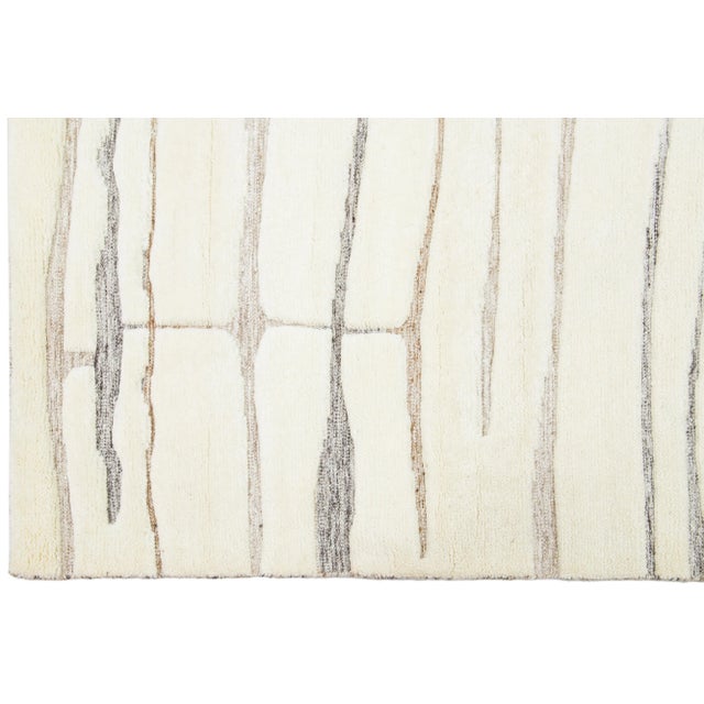 2020s Ivory Modern Moroccan-Style Wool Rug Handmade With a Striped Design by Apadana For Sale - Image 5 of 9