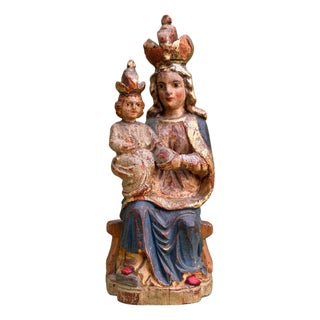 Seated Virgin and Child in Polychrome Wood For Sale