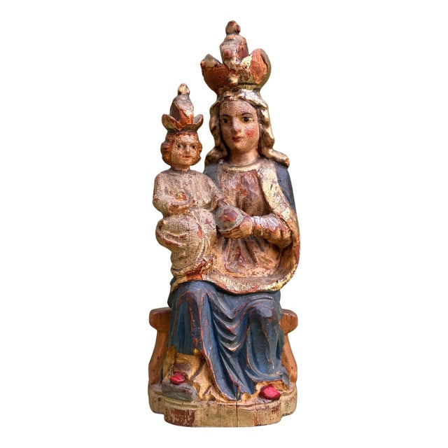 Seated Virgin and Child in Polychrome Wood For Sale