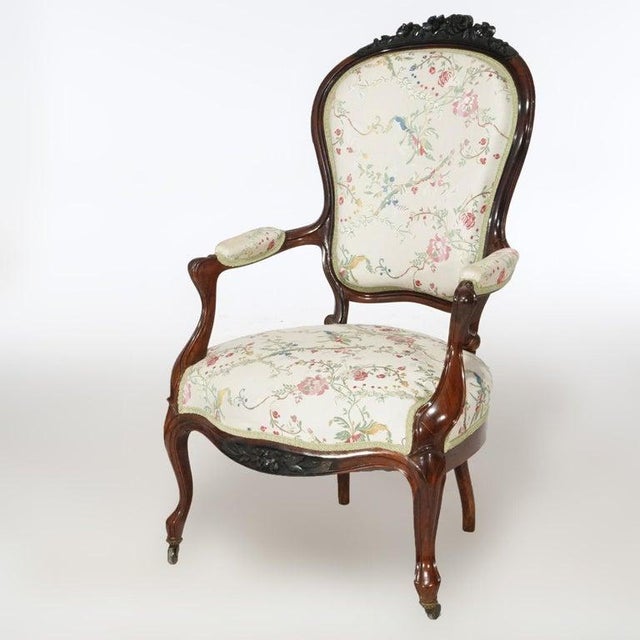 Antique Pair Victorian Carved Rosewood Parlor Arm Chairs, Circa 1890 For Sale - Image 16 of 18