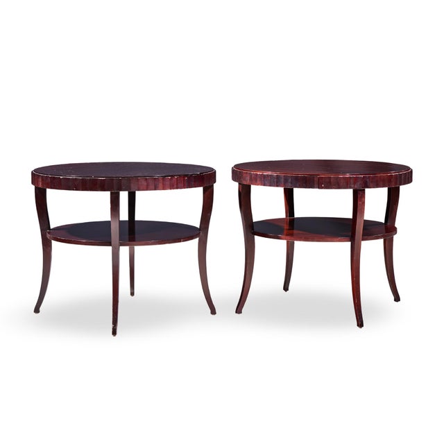 Barbara Barry for Baker Mahogany Fluted Edge Side End Table - Pair Each side table measures: 37.75 wide x 37.75 deep x...