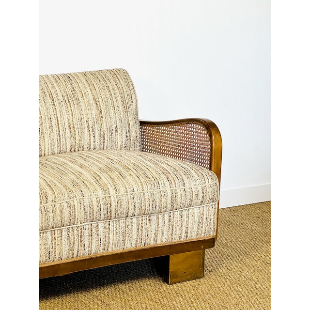 Art Deco Living Room Set in Curved Wood with Tweed and Cane, 1950s, Set of 3 For Sale - Image 9 of 18