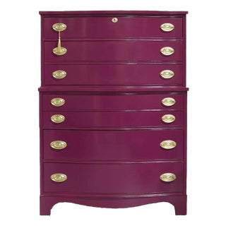 Mid Century Federal Style Mahogany Curved Front Highboy in Purple by Bassett- Newly Painted For Sale