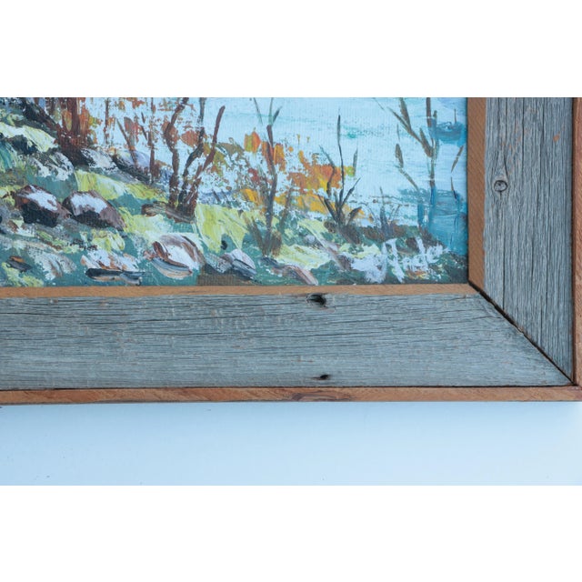 Framed in a custom barn wood frame, this large vintage coastal scene is rendered in soft tones on board.