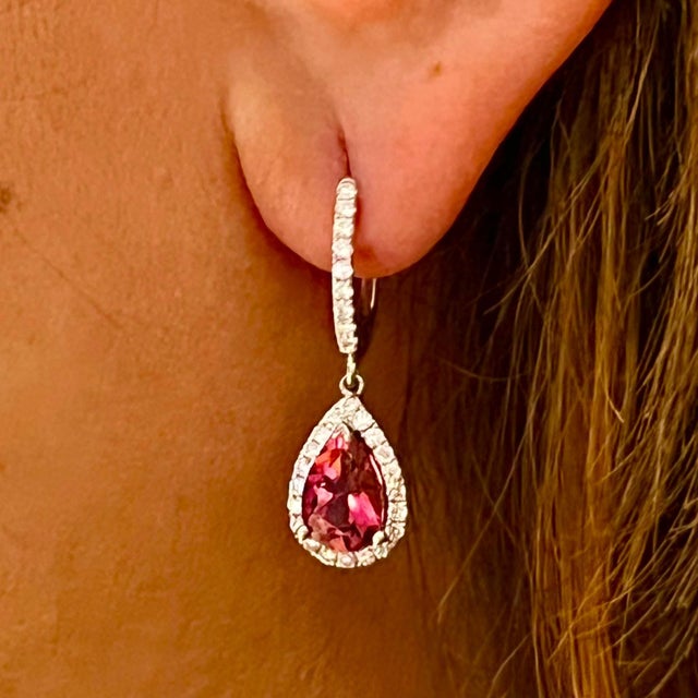 Diamond Rubellite Tourmaline Drop Earrings 18k W Gold 2.93 TCW Certified For Sale - Image 10 of 12