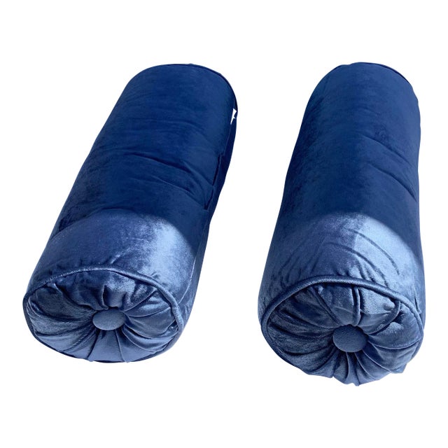 Contemporary Velvet Blue Modern Oblong Pillows- a Pair For Sale