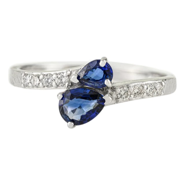 Two Stone Pear Cut Sapphire & Diamond Bypass Ring in 14k Solid Gold Size 6.5 For Sale