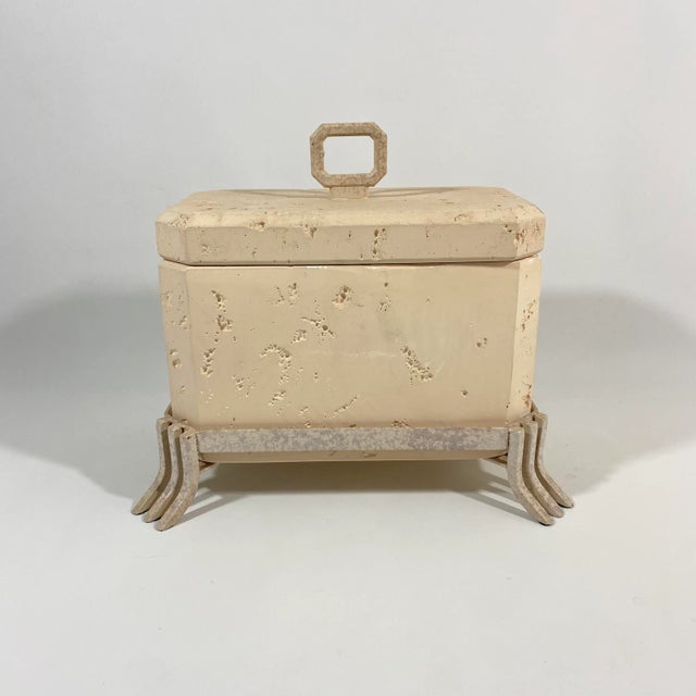 1980s Postmodern Faux Travertine Ceramic Box With Metal Stand and Handle For Sale - Image 5 of 13