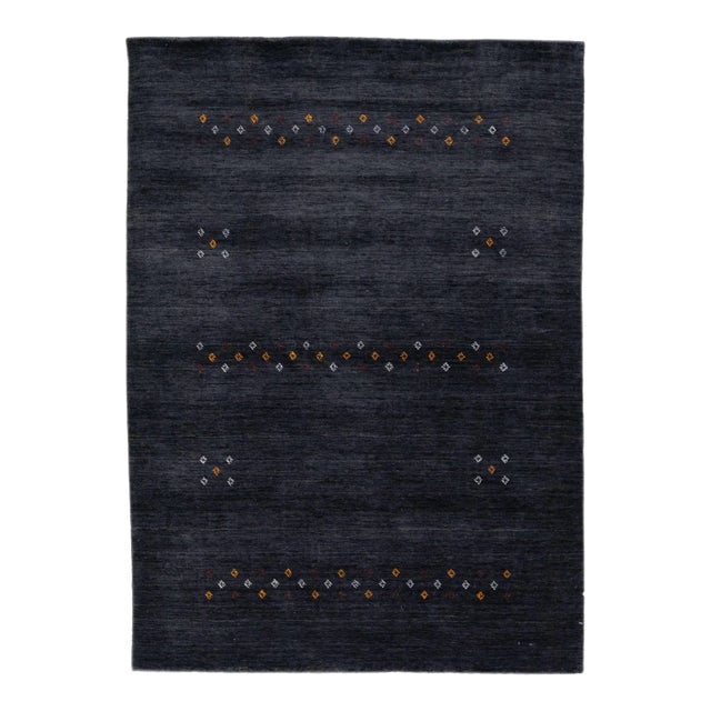Modern Gabbeh Style Handmade Charcoal Wool Rug With Minimalist Design For Sale