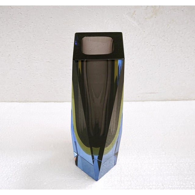 Blue Geometric Faceted Uranium Sommerso Murano Glass Vase, Italy 1960s For Sale - Image 8 of 18
