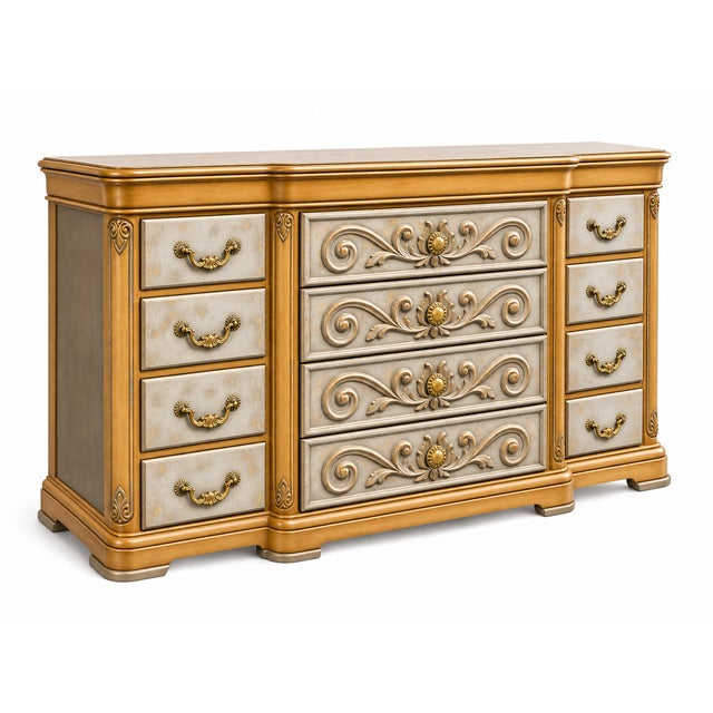 A spectacular 12-drawer serpentine dresser, meticulously restored in the Maison Martine atelier. This sculptural piece...